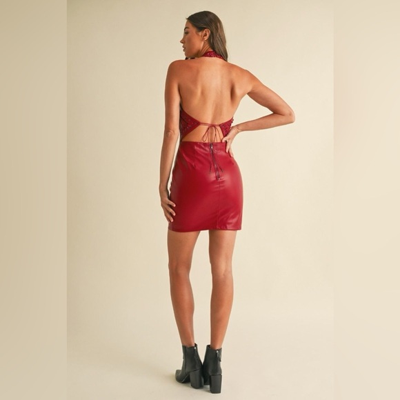 Faux Leather Lace-Up Split Hem Halter Mini Dress - EB Luxe - Picture 4 of 10